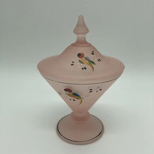 Vintage Tiffin Pink Satin Glass Apothecary Jar w Lid Hand Painted Parrots Birds - Picture 1 of 13