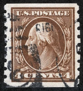 US Sc 395 Brown 4¢ 1910 p.8 1/2 SLWm Coil Used Blk 1919 Duplex Cancel - Picture 1 of 1