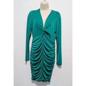 Guess Bodycon-Kleid Damen groß grün Langarm gerafft vorne tiefer V-Ausschnitt - Bild 1 von 12