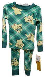 Boys Pokemon Size 4 Green Fleece Pikachu Long Sleeve Pajama Set - Picture 1 of 6