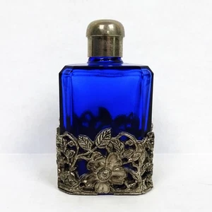 Vintage Cobalt Blue Art Nouveau Perfume Glass Bottle Silver Tone Floral Overlay - Picture 1 of 6