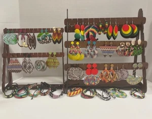 34 pc Lot of Boho Wooden Pierced Earrings and Adjustable Woven Bracelets - Picture 1 of 10