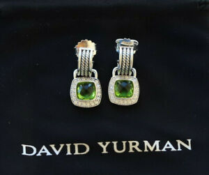 David Yurman Sterling Silver Albion 7mm Peridot & Diamond Drop Earrings