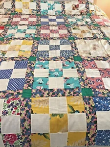 VTG Quilt Top Depression Era Feedsack Nine Patch Hand Pieced 78" X 64" - Picture 1 of 22