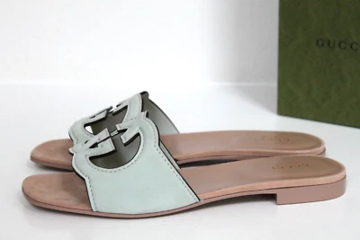 sz 6.5 / 36.5 Gucci Interlocking G Suede Cutout GG Logo Slide Flat Sandal Shoes - Image 1 of 4
