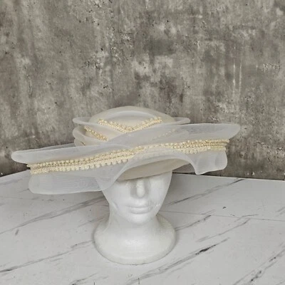 Sombrero de Iglesia Vintage Crema Formal Vestido Sombrero Perla Cuentas Boda Fiesta Foto 1 de 4