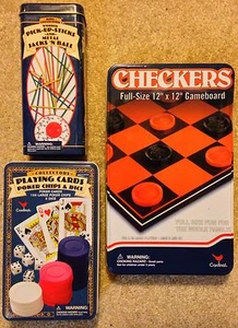 Cardinal Ind. Tin Box Games Checkers, Pick-Up Sticks, Playing Cards, Poker Chips - Picture 1 of 12