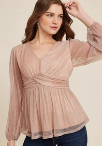 Maurices Top Women's Size 0X XL Lurex Peplum Champagne V-neck Blouse Shimmer NWT - Picture 1 of 13