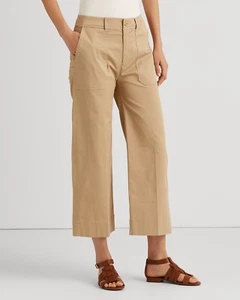 RALPH LAUREN Cropped Pants Size 14 Beige Cotton Twill Pockets Wide Leg Hedley - Picture 1 of 4