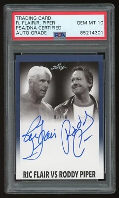 Tarjeta firmada doble Ric Flair + Rowdy Roddy Piper PSA/DNA 10 automática 2014 Leaf RF-RP1 Foto 1 de 2