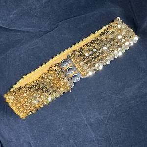 Gold Sequins Stretch Belt Small Girls Women 21" Long 2.25" Wide Sparkly Fashion - Picture 1 of 7