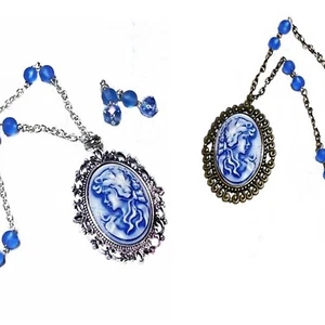 Blue cameo long vintage style necklace with pearls optional earrings - Picture 1 of 5
