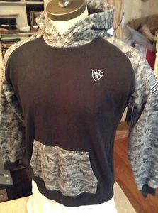 ARIAT XL PATRIOT BLACK & GRAY DIGITAL CAMO PULLOVER HOODY FLAG SLEEVE IMMACULATE - Picture 1 of 8
