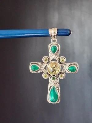 Nicky Butler Sterling Silver 925 Cross Pendant NB Green Chalcedony Peridot Topaz - Image 1 of 4