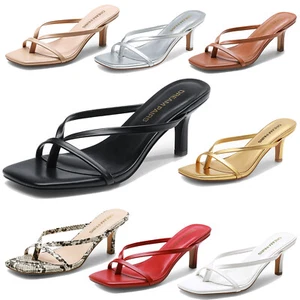 Women Fashion Square Toe Heeled Sandals Thong Casual Walking Kitten Heel Sandals - Picture 1 of 52