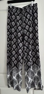 Mud Pie Pants Wm’s Boho Drawstring Pants Black/White Abstract/Elastic Waist Sz L - Image 1 of 4