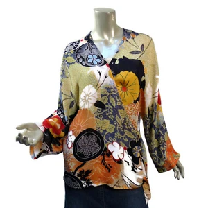 Chico's Japanese Print Silk Wrap Top XL 3 Kimono Floral Lightweight - Picture 1 of 9