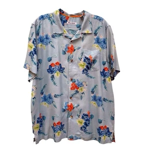 Tommy Bahama 100% Silk Floral Hawaiian Shirt Tropical Hibiscus Plumeria Orchid - Picture 1 of 14
