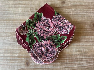 Chrysanthemums and RhinestonesVintage Maroon Floral Hankie - Picture 1 of 5