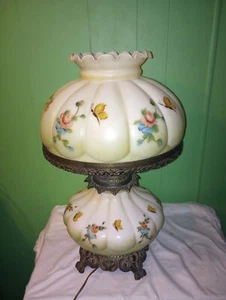 Hand Painted Flowers Butterflies Melon Shade Table Dresser Lamp-Needs Repair - Picture 1 of 13