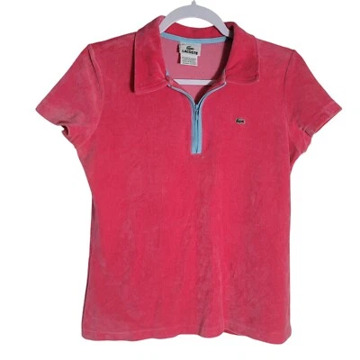 Lacoste Velour Women's Polo Baby Tee Size 42 US 10 Hot Pink Y2K Vintage Preppy - Image 1 of 4