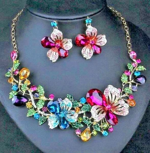 Superb FLORAL Bouquet RAINBOW Flower JEWEL Betsey Johnson Necklace Earrings SET - Picture 1 of 15