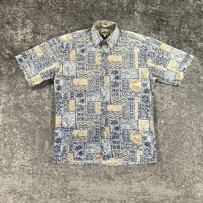 Винтажная гавайская рубашка Campia Moda мужская средний размер M синяя рыба тапа тики принт 90-е - Изображение 1 из 4