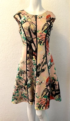 Vestido JAX 6 Rosa Calce Acampanado Buceo Floral Mangas Hasta la Rodilla Tubería en Contraste Foto 1 de 4