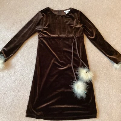 BONNIE JEAN HOLIDAY SEASON/ PARTY DRESS,10, WARM BROWN VELOUR, FAUX FUR TRIM - Image 1 of 4