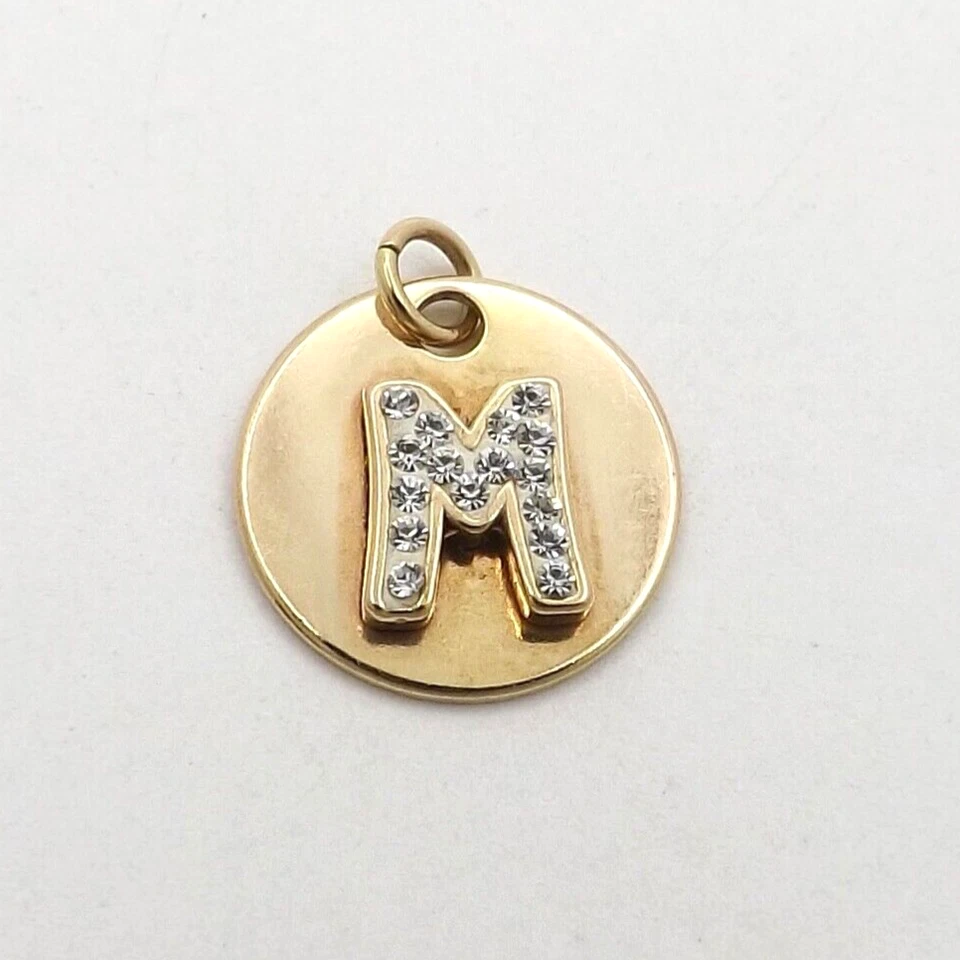 Colgante con dije de disco inicial letra piedra transparente plata esterlina vermeil oro 18k M Foto 1 de 4