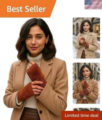 Women's Wool Fingerless Gloves with Fur Trim - Terracotta Orange Winter Fashi - Image 1 of 4