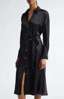 Vestido camisero de satén manga larga Vince. Talla S. Nuevo con etiquetas. Precio de venta sugerido por el fabricante $495. Falta cinturón. Foto 1 de 4