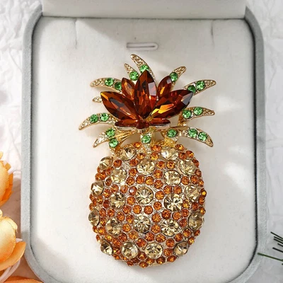 Vintage Crystal Pineapple Brooch Rhinestone Leaf Gold Tone Fruit Pin Summer Gift - Image 1 of 4