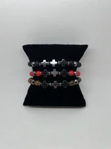 Bracelets Natural Stone 8mm Cross Elastic Rope Black, Red Line and Tiger Eyes - Picture 1 of 18