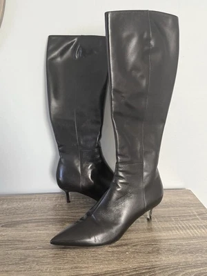 SERGIO ROSSI Black Leather Pointed Toe Women’s Boots Size 40 Vero Cucio - Image 1 of 4