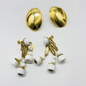 Vintage Earrings MONET Signed Gold Oval Post and White Dangle Screw Back Clip On - Picture 1 of 11