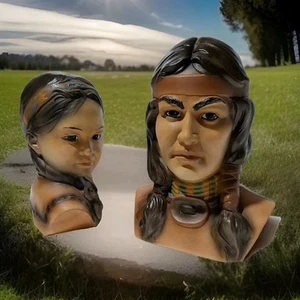 Juego de bustos de cabeza de cerámica nativos americanos vintage pintados a mano dos mujeres squaws - Imagen 1 de 14