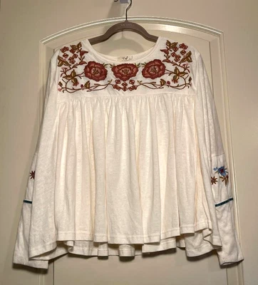 Easel Womens Cream Relaxed OverSized Poncho style top, embroidered flowers Small - Image 1 of 4