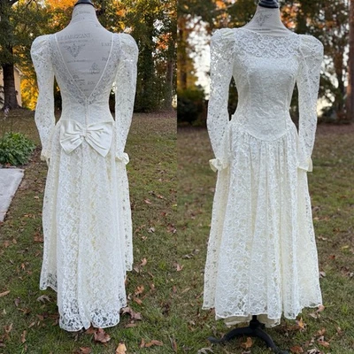 Vintage 80s Victorian Lace Illusion White Drop Waist Wedding Dress 9/10 Gunne - Image 1 of 4