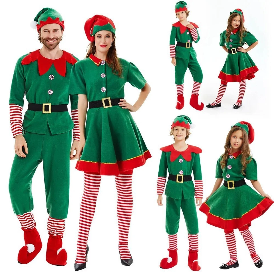 Adults Kids Cosplay Christmas Elf Costume Fancy Dress Xmas Santa Helper Outfits