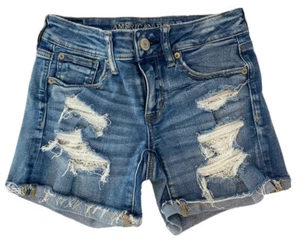 American Eagle Denim Jean Shorts Sz 2 Next Level Stretch Holes Distressed Lace - Picture 1 of 7