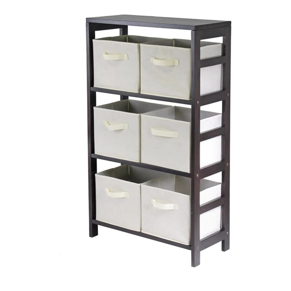 Wood Capri Wood 3 Section Storage Shelf With 6 Beige Fabric Foldable Baskets - Image 1 of 4