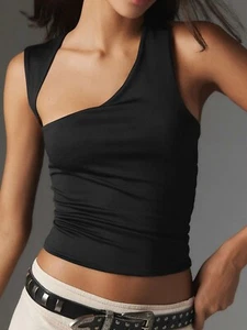 NWT Commense Women's Asymmetrical Neck Cut Out Black Sleeveless Top Small - Picture 1 of 6
