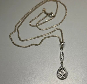 VTG 14K White Gold Diamond Teardrop Filigree Drop Dangle Pendant Necklace 18.75" - Picture 1 of 14