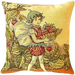 STRAWBERRY FLOWER FAIRY CICELY BARKER 14" BELGIAN TAPESTRY CUSHION PILLOW COVER - Picture 1 of 5