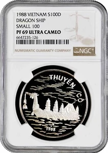 Vietnam 100 dong 1988, NGC PF69 UC, "Asian Dragon Ship (SMALL 100)" Top Pop - Picture 1 of 2