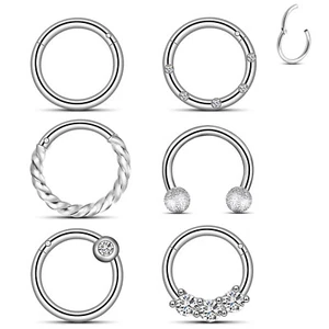 6PCS Surgical Steel Nose Ring Septum Clicker Hinge Segment Ear Helix Tragus Hoop - Picture 1 of 12