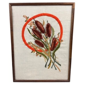Vintage Framed Needlework Art – Cattail Flowers in Orange Circle, 17"x13" - Picture 1 of 3