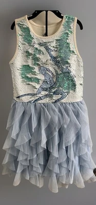 Disney Parks Frozen Elsa 亮片和褶皱豆浆白色蓝色连衣裙女孩 M 码 — 第 1/4 张图片