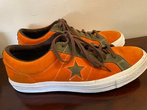 Men Converse Leather Low Tops Size 14 Orange ,Brown Trim - Picture 1 of 12